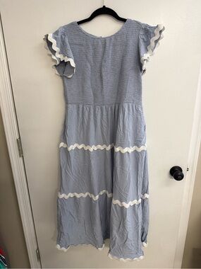 Zesica Light Blue Ruffle Midi Dress with White Trim